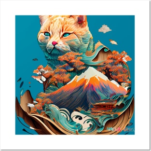 Mt Fuji Wise Yokai Cat Watercolors Posters and Art